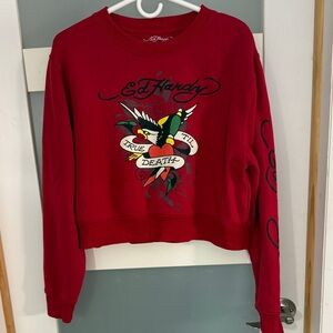 Ed Hardy Red Cropped Sweatshirt with Graphic Tattoo Print